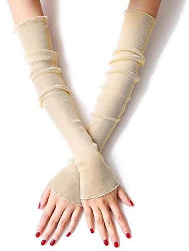 Sommermode Dame Gaze Sonnenschutz Ärmel Handschuhe Frauen Dünne Lange Fingerlose Armstulpen Sonnenschutz UV -Gelb, Einheitsgröße