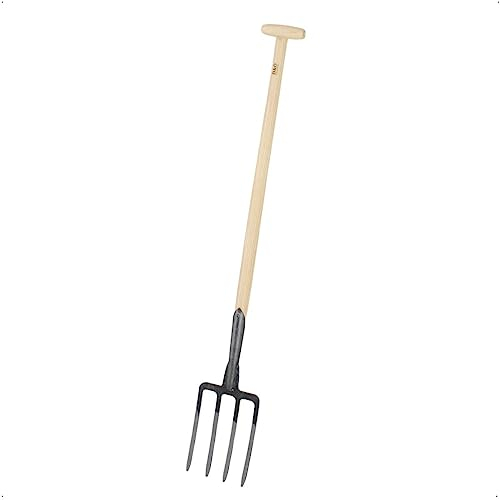 D&O Grabegabel (4 Zinken) aus geschmiedetem Borstahl mit Schwanenhals und 90 cm T-Stiel (Eschenholz), Gesamtlänge: 120 cm, Arbeitsbreite: 19 cm, Perfekt für jegliche Bodenarbeiten im Garten