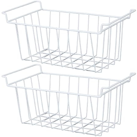 2Pcs Freezer Wire Storage Baskets, Hanging Metal Refrigerator Storage Rack Bins Freezer Organizer with Handles, Chest Freezer Organization for Kitchen Pantry Bathroom (L 41.5cm X W 24.5cm X H 20cm)