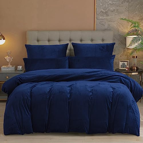 Damier Winter Bettwäsche 155x220 Plüsch Warm Blau Dunkelblau Uni Einfarbig Cashmere Touch Bettwäsche 3 Teilig Kuschelig Flauschig Fleece Bettbezug Set mit Reißverschluss und 2 Kissenbezüge 80x80 cm