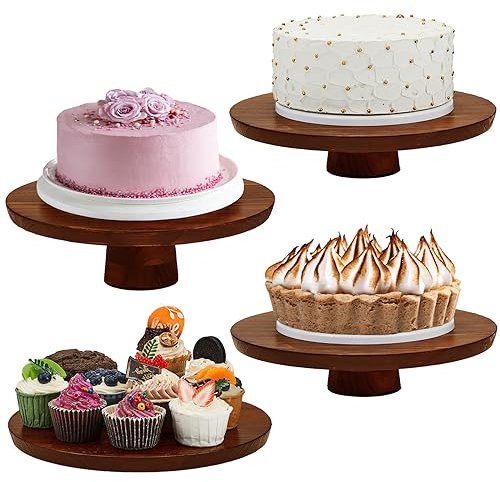 Jinei 4 Sets Wood Cake Stand Rustic 12 Inch Rotating Cake Stand Food Round Risers Turntable for Party Cake Base Wood for Display Parties Weddings Restaurants Decorating Supplies