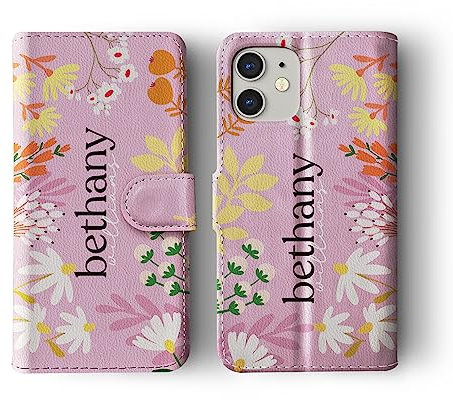 Tirita Personalised Flip Wallet Phone Case Compatible with iPhone 7 & 8, Summer Time [01- Spring Flowers Crayon]