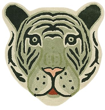RugVista Fun Tiger Teppich, Kinderzimmerteppich, 100 x 100 cm, Oval, Kinderteppich für Kinder, Wolle, Spielteppich Babys Junge Mädchen, Keine schädlichen Stoffe, Grün