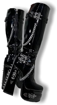 Frankie Hsu Stivali con tacco alto al ginocchio con plateau goth sexy, rivetti a catena argentati in vernice nera, gotico, punk Y2K Hot Girl Big Large Size Largo polpaccio scarpe lunghe per donne