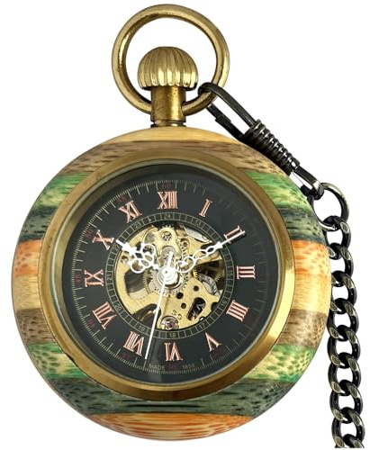VIGOROSO Vintage Herren-Taschenuhren für Männer, mechanische Taschenuhr mit Kette, manuelle Aufziehuhr für Damen, Holzuhren für Männer, Vater, Mama