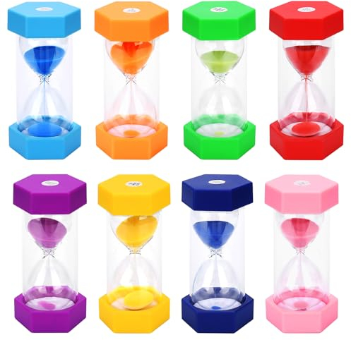 SAMISO Sabliers Minuterie Horloge de Sable Hourglass,Lot de 8 Sablier Colore Kit en Verre Transparent,Hourglass pour Cuisine 1/2/3/5/10/15/20/30min,pour Enfants et Adultes,Classe,Maison,Bureau