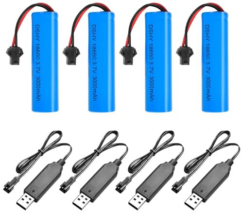 IXYHKB 4 batterie agli ioni di litio da 3,7 V 3000 mAh, 3,7 V 18650 batterie al litio ricaricabili con 4 caricabatterie USB SM-2P connettore a spina, batteria universale agli ioni di litio da 3,7 V