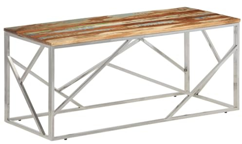 vidaXL Couchtisch, Beistelltisch mit Holzplatte, Sofatisch Tisch mit Edelstahlgestell, Pflegeleicht Kaffeetisch Teetisch, Silbern Edelstahl Altholz Massiv