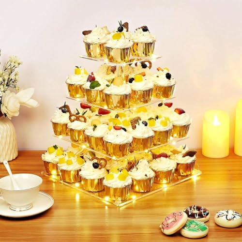 Ulifeme 4 Livelli Cupcake Stand, Alzata Torre Quadrato in Acrilico con Luci Gialla a LED Stringa, Porta Torte Albero Dessert per Compleanno, Matrimonio, Anniversario & Decorazione per Feste