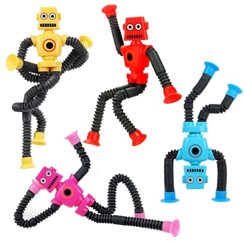 Stressabbau-Fidget-Spielzeug, Röhren, Roboterspielzeug, 4 Stück, Teleskop-Saugnapf-Roboterspielzeug, Partytütenfüller für Jungen und Mädchen, Squishy-Spielzeug, Roboterform, ändernde Teleskopröhre