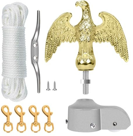 NQ Fahnenmast Zubehör Set mit Adler,Fahnenmast Reparaturset,Fahnenmast-Reparaturteile inkl.Adler,Seil,Karabiner, Klampe,Topper aus Aluminium mit Seilrolle(Gold)