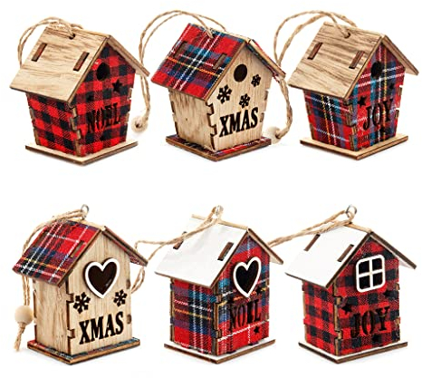 Fogun 6 Stück Holzdekorationen Holz Weihnachtsbaum Dekoration Hängende Ornamente Mit Schneeflocken Stern Herz Anhänger Ornamente