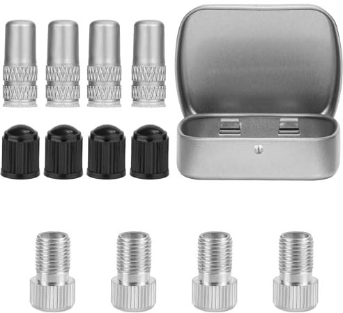 12 Adaptadores Válvula Bicicleta, Adaptadores Válvula Bomba Bicicleta Aleación de Aluminio y Plástico con Caja Almacenamiento Adaptadores Bomba Aire Neumáticos Bicicleta (Plata)