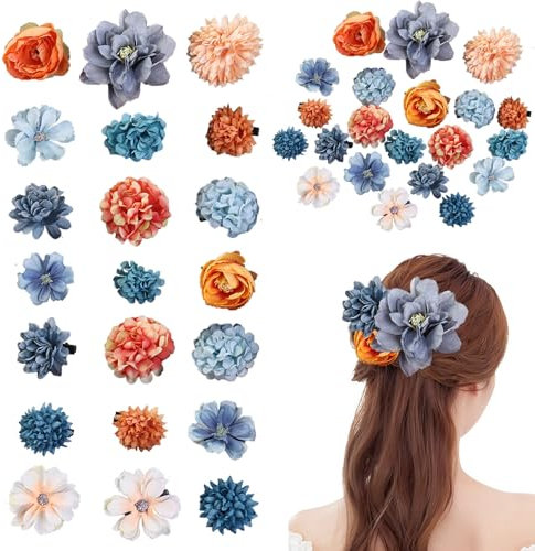 Pinza para el pelo con flores, 21 unidades, multicolor con flores, pinzas para el pelo, flores artificiales, accesorios para el pelo para fiestas, playa, bodas, decoración de eventos (serie azul y