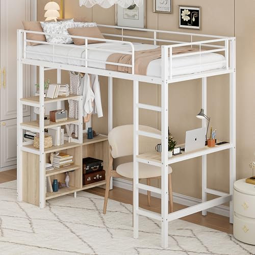 Dolamaní Hochbett Metall 90x200 cm für Kinder Jugendliche Erwachsene,Bett mit Schreibtisch Multifunktionaler Stauraum in Zonen-Mehrere Regale & Offener Schrank (Weiß A)