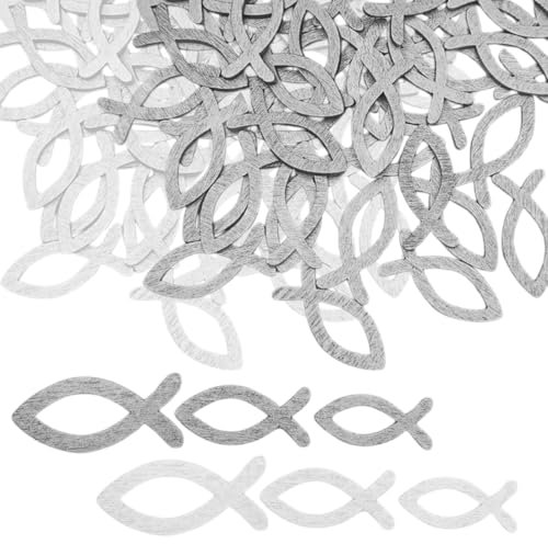 WeddHuis 120 Stück Deko Holz Fische Streudeko Tischdeko für Konfirmation Kommunion Taufe Silber Weiß in 3 Größen 35 40 50 mm