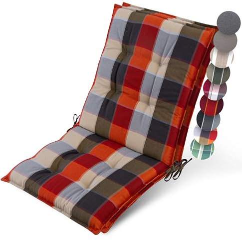 Beautissu 2er Set Premium Niedriglehner Auflage Gartenstuhl 100x50cm Sun-NL – 8cm Dick Polster Gartenstuhlauflage rutschfest Befestigungsbänder UV-Lichtechtheit 5 – Robust Orange-Beige kariert