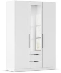 Rauch Möbel Belfast Kleiderschrank, Schrank, Garderobe, Organizer, 3-türig, mit Spiegel, 2 Schubladen für mehr Stauraum, Farbe Weiß, Kurze Griffleisten Grau metallic, 136x197x54cm