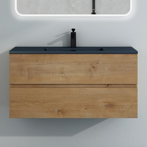 Mai & Mai Badmöbel-Set Waschtisch mit Unterschrank Mineralguss Waschbecken in Anthrazit Waschbeckenunterschrank 100x48x50cm Kerneiche 2-Schubladen Soft-Close Aqualis