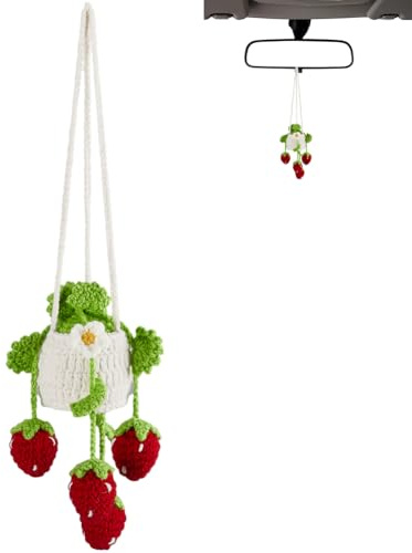 GORGECRAFT Gehäkelte Hängepflanze Fürs Auto Grün Rote Wolle Gewebter Erdbeerblumenkorb Handgefertigt Gestrickt Topfspiegel Anhänger Zubehör Für Die Innenausstattung von Autos Ästhetisches Ornament
