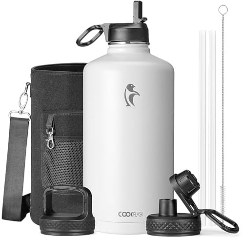 Coolflask 128 oz Gallon Water Bottle Insulated with Straw&3 Lids, Water Jug Large Stainless Steel Metal Vacuum Wide Mouth for Sports, Gym or Office, Non-BPA Keep Cold 48H Hot 24H, White