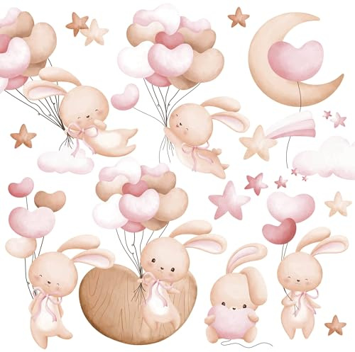 Muralo Wandtattoo Set Süße Häschen, Aquarell, UV-beständig - 60x30 cm | Wandsticker, Modernes Design - ideal für Kinderzimmer, für Mädchen und Jungen, einfach anzubringen