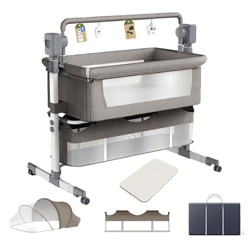 Aveainelle Babybett und Multifunktionales Kinderbett, Faltbare und Umwandelbare Babywiege, Verstellbare Beistellbett, Co-Sleeping Babybett und Rollen (hellgrau)
