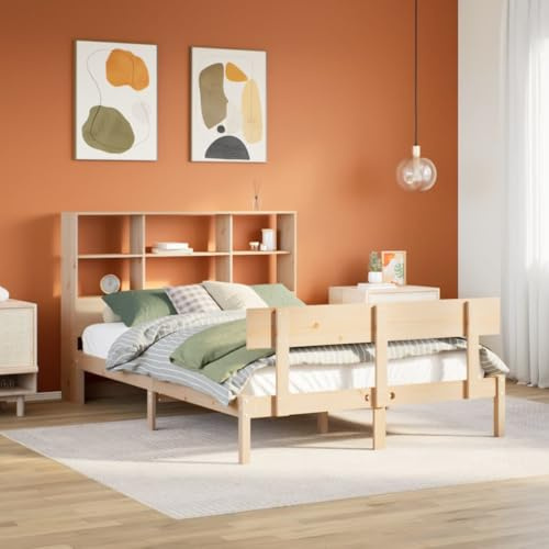 Bucmath Massivholzbett mit Regal, Kiefernholz unbehandelt, 140x200 cm, stabiles Bettgestell mit Lattenrost, Stauraum für Bücher, ideal für Schlafzimmer