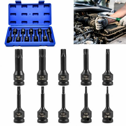 Torx Bit Stecknuss Set 1/2 Zoll - 10-teilig Steckschlüssel Satz T20–T80 | Kraft-Steckschlüsselsatz T20–T80 für Schlagschrauber und Drehmomentschlüssel inklusive Aufbewahrungsbox