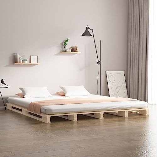 kithwjll Palettenbett 140x190 cm aus massivem Kiefernholz, unbehandeltes Holz, Robustes Bettgestell für Schlafzimmer, modernes Doppelbett ohne Matratze