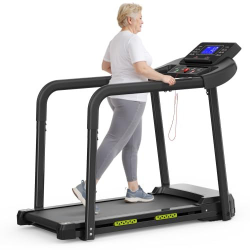 Walking Pad Laufband für Senioren, 135 kg Belastbarkeit, Lange Handläufe, großes LED-Display, extra breite Lauffläche, APP, leises Fitnessgerät für Zuhause & Balance-Training