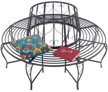 Relaxdays Baumbank, 360° Sitzplatz, Vintage-Design, schwarz | H x D: 85 x 160 cm, Traglast 600 kg, Stahl, Gartenbank