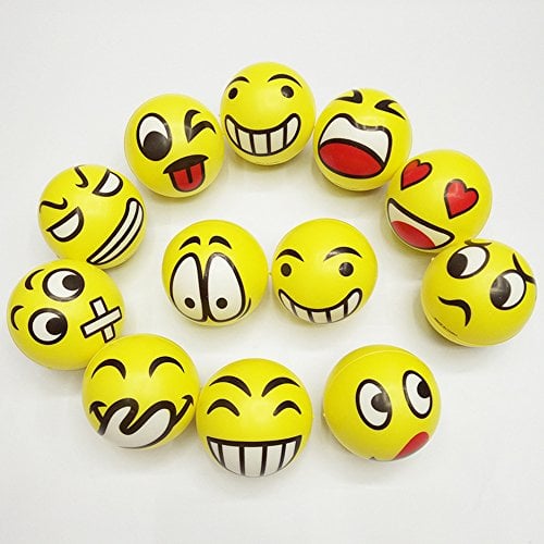 Union Tesco 12 Stück Emoji Gelbe Grimassenbälle, ca. 6,5 cm Durchmesser, Flummi, Anti Stressball, Wurfball, Knetball, Knautschball aus Schaumstoff