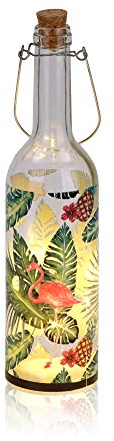 BRUBAKER Lichterflasche mit Aufdruck Flamingo mit Palmen und 5 LED Lichtern 7,3 x 28 cm zum Aufhängen