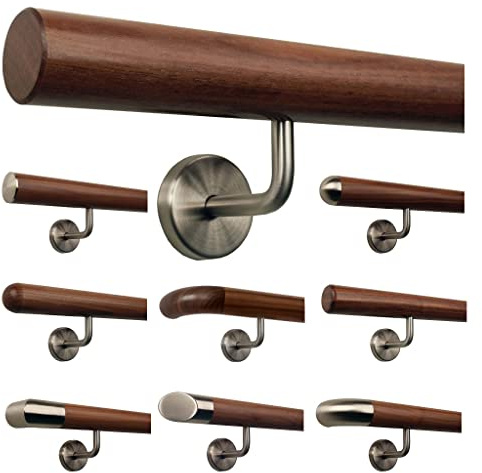 TIBU Ami Nussbaum Geländer Handlauf Treppe Holz Griff gewinkelt Edelstahlhalter, Länge 30-500 cm - Variante: 310 cm mit 4 Halter und Ende gefast