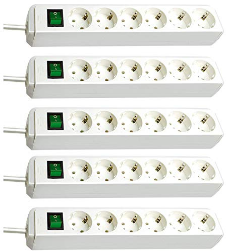 Brennenstuhl Eco-Line, Steckdosenleiste 6-Fach, (mit Schalter und 3m Kabel - besonders stromsparend) Farbe: weiß (5 Stück)