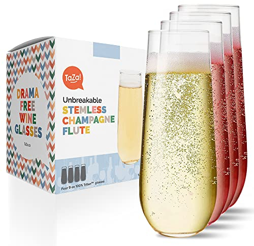 Unbreakable Stemless Champagne Flutes 9oz Set of 4, Shatterproof Tritan Plastic Glasses, Reusable Dishwasher Safe Flute, Wedding, Bachelorette, Travel & Poolside Champagne Glasses