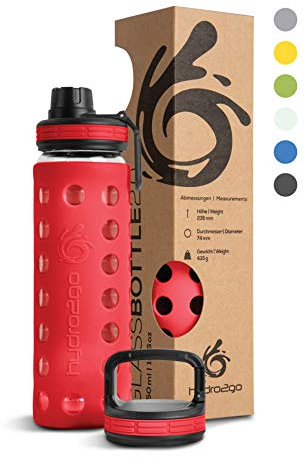 hydro2go Glas-Trinkflasche mit Silikonhülle – Spülmaschinenfest, 2 Wechseldeckel, 100% Auslaufsicher & BPA-frei – Ideal für Kinder, Büro, Fitness, Yoga, Sport & Outdoor (Urban Red 2.0) – 550 ml