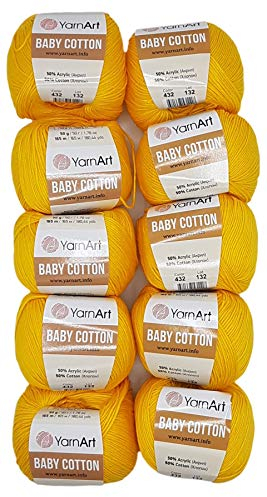 10 x 50g Strickwolle YarnArt Baby Cotton mit 50% Baumwolle, 500 Gramm Wolle einfarbig (kurkuma 432)