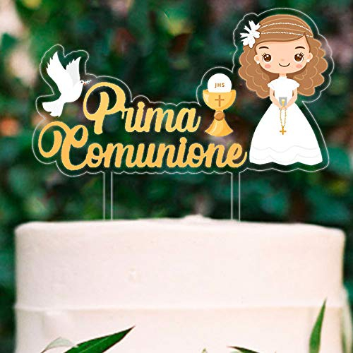 Cake Topper per Torta Comunione | Prima Comunione Bambina con Statuine Sagomate | Ideale sopra Torta e Dolci Festa | Decorazioni Addobbi Torte Decorative Eleganti con Disegno Statuette Bimba