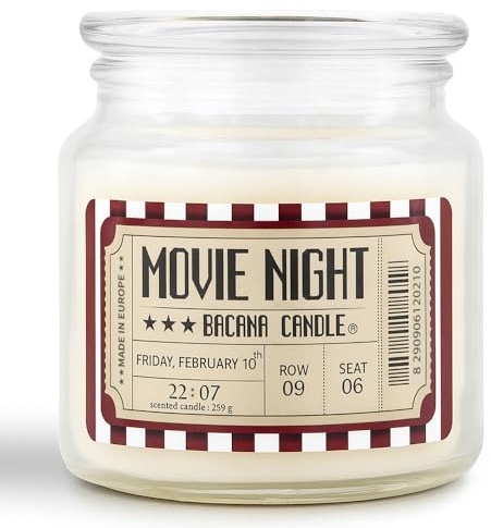 Bacana Candle - Duftkerze im Glas - Duftkerze im Glasgefäß mit Deckel - Originelle Kerze als Geschenk - 560 Gramm, 80-110 Stunden Brenndauer - Movie Night