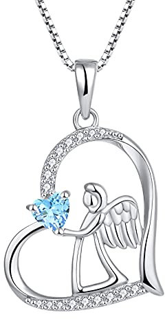 FJ Herz Schutzengel Kette Damen 925 Sterling Silber Engel Anhänger Engelsflügel Halskette März Geburtsstein Aquamarin Kette Schmuck Geschenke für Frauen Mädchen