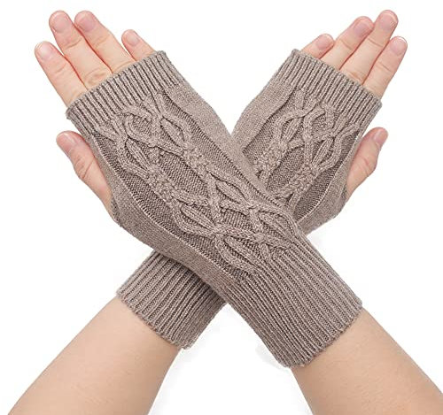 ZLYC - Guanti da donna in lana, senza dita, con foro per il pollice, in maglia elasticizzata, Uncinetto Tan, M