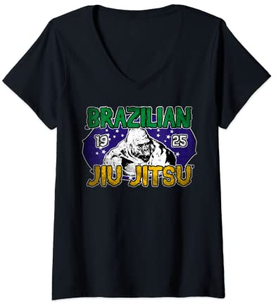 Damen Brazilian Jiu Jitsu Gi Gorilla BJJ Brasilianische Flagge T-Shirt mit V-Ausschnitt