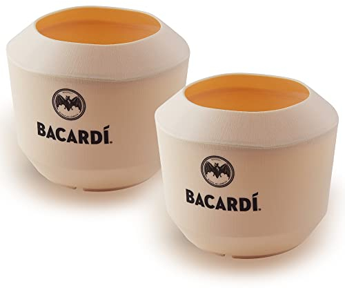 2 Stück Original Bacardi Rum Kokosnuss Becher Coconut Cup Cocktailbecher beige