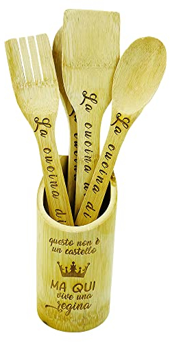 Set Accessori da Cucina Utensili in Legno 5 pezzi portamestoli 4 mestoli Cucchiaio Spatola Forchettone Personalizzati Idea Regalo Originale Festa della Mamma Compleanno Natale Incisione Laser Regina