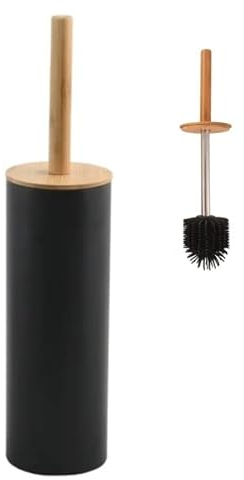 Spirella WC Bürste Klobürste Toilettenbürste „Adonis“ mit hygienischem Behälter Bambus Deckel und Silikon Bürstenkopf Schwarz, Stahl, Black, 9x39cm
