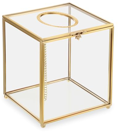 Sumnacon Quadratische transparente Glas-Taschentuchbox-Abdeckung – zierlicher Würfel-Taschentuchbox-Halter, wunderschöner goldfarbener Taschentuchhalter für Kommode, Restaurant, Dekoration