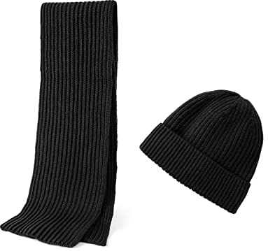 Embouro Wintermütze und Schal aus Merinowolle für Herren, warme Strickmützen, lange Schals für Damen und Herren (Schwarz)