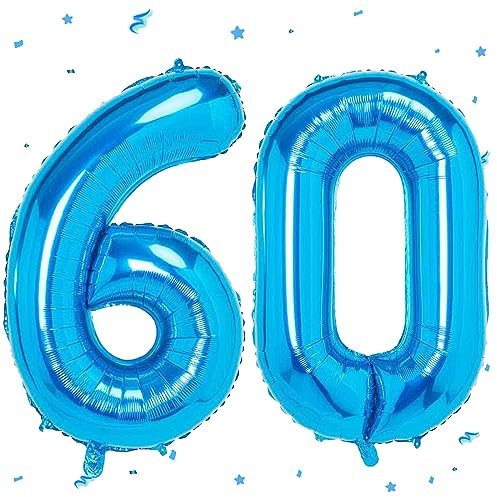 WOIRROIP Luftballon 60. Geburtstag Blau, XXL Riesen Blau Folienballon 60 für Frauen,40 Luftballon 60. Geburtstag,Zahlen 6 und 0 Folienballon für 60 Jahre Geburtstagsdeko Jubiläum Party Dekoration